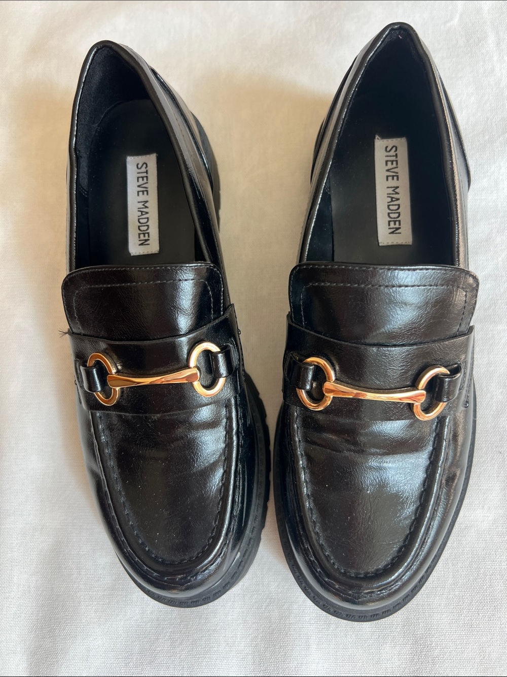 Steve Madden Black Leather Loafers with Gold Buckle Accent